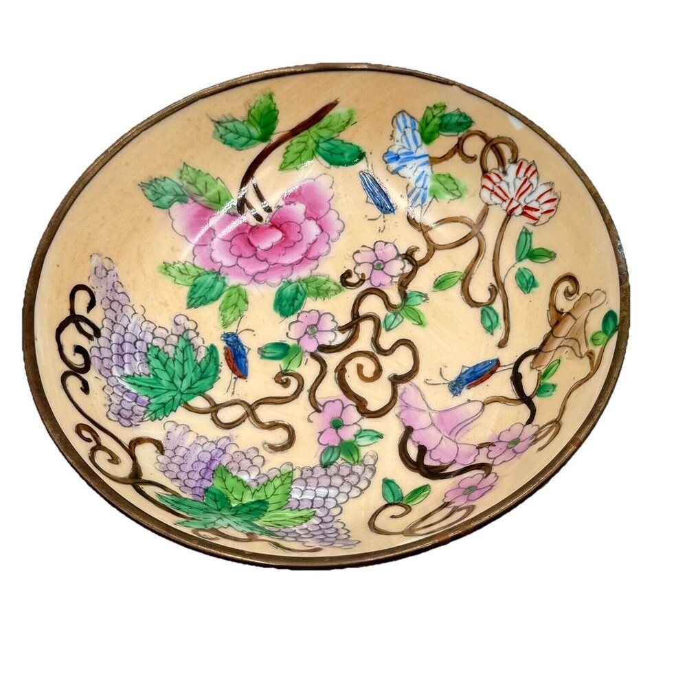 Vintage Brass w Ceramic Decorative Bowl Whimsical Grasshopper Floral with Grapes